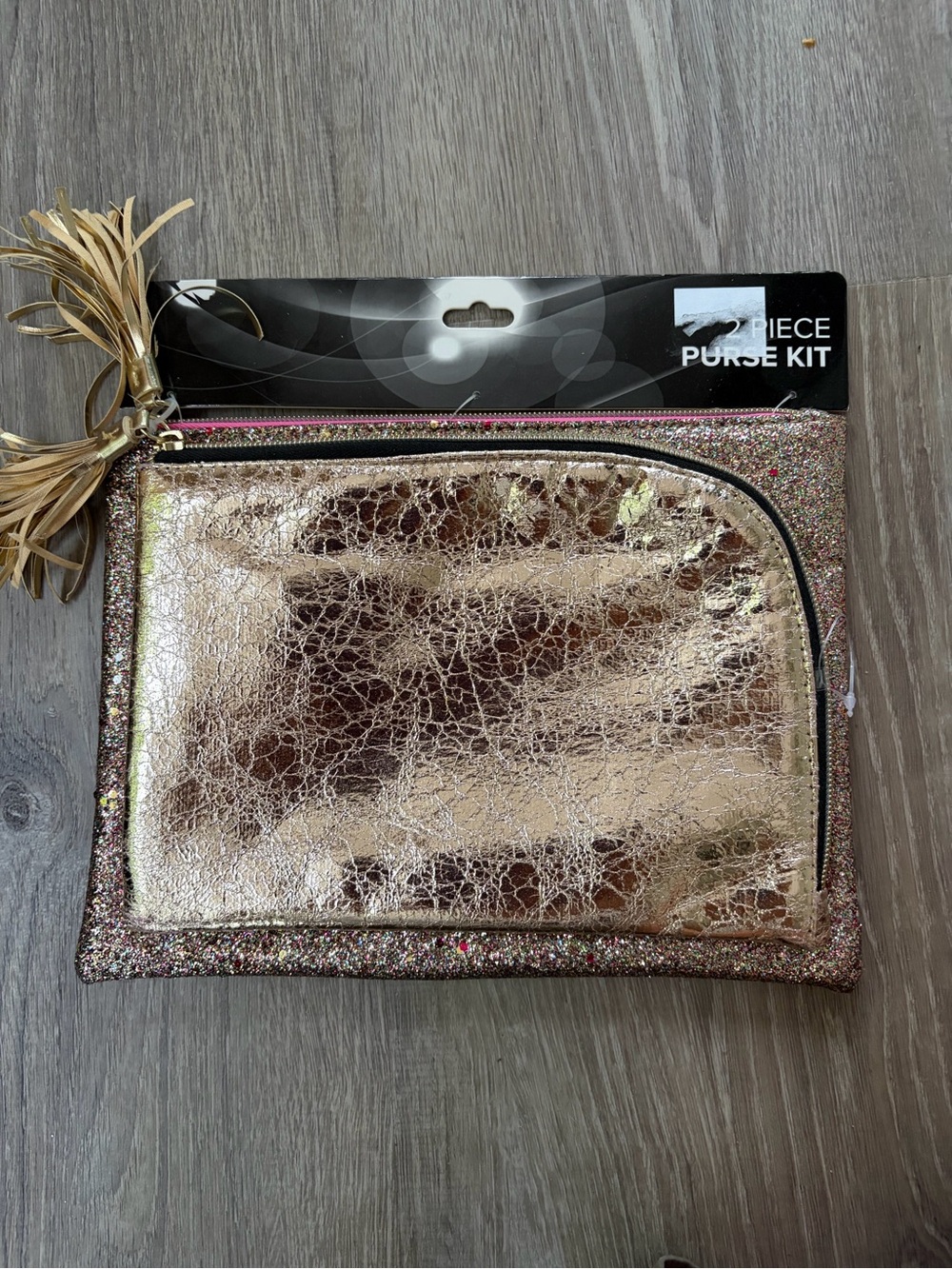 Metallic Rose Gold Cracked Leather Look Cosmetic Pouch - 2 Piece Purse Kit